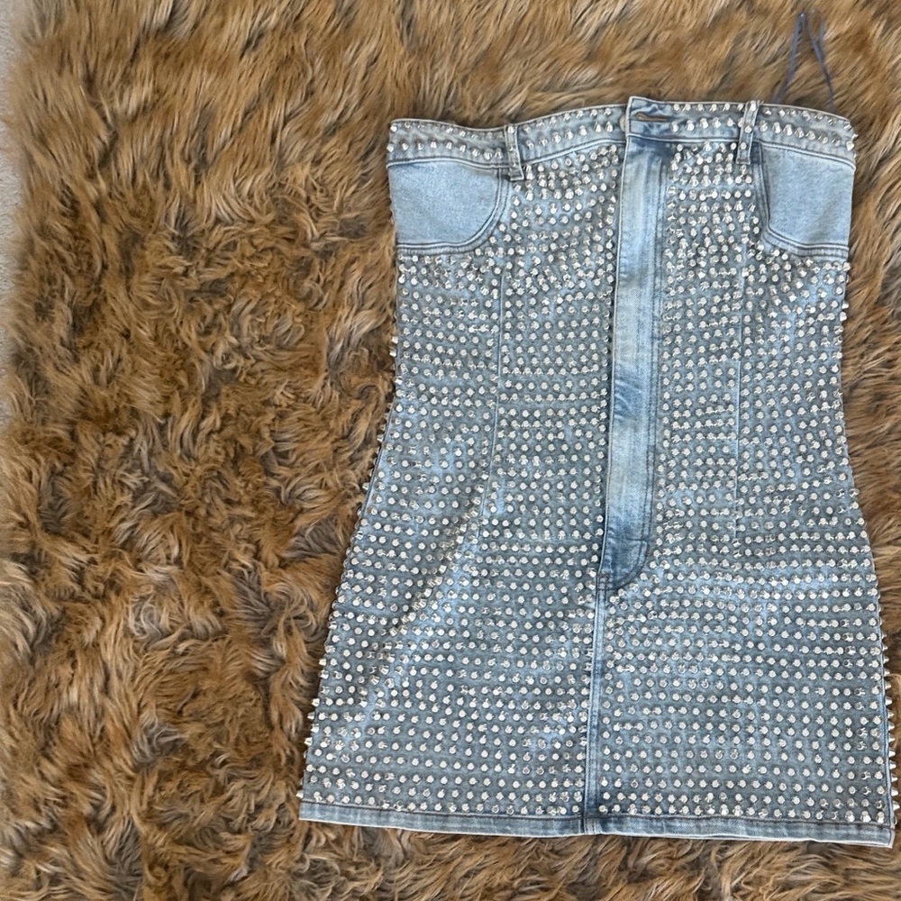 Studded Denim Strapless Mini Dress | Rhinestone Spike Statement Piece